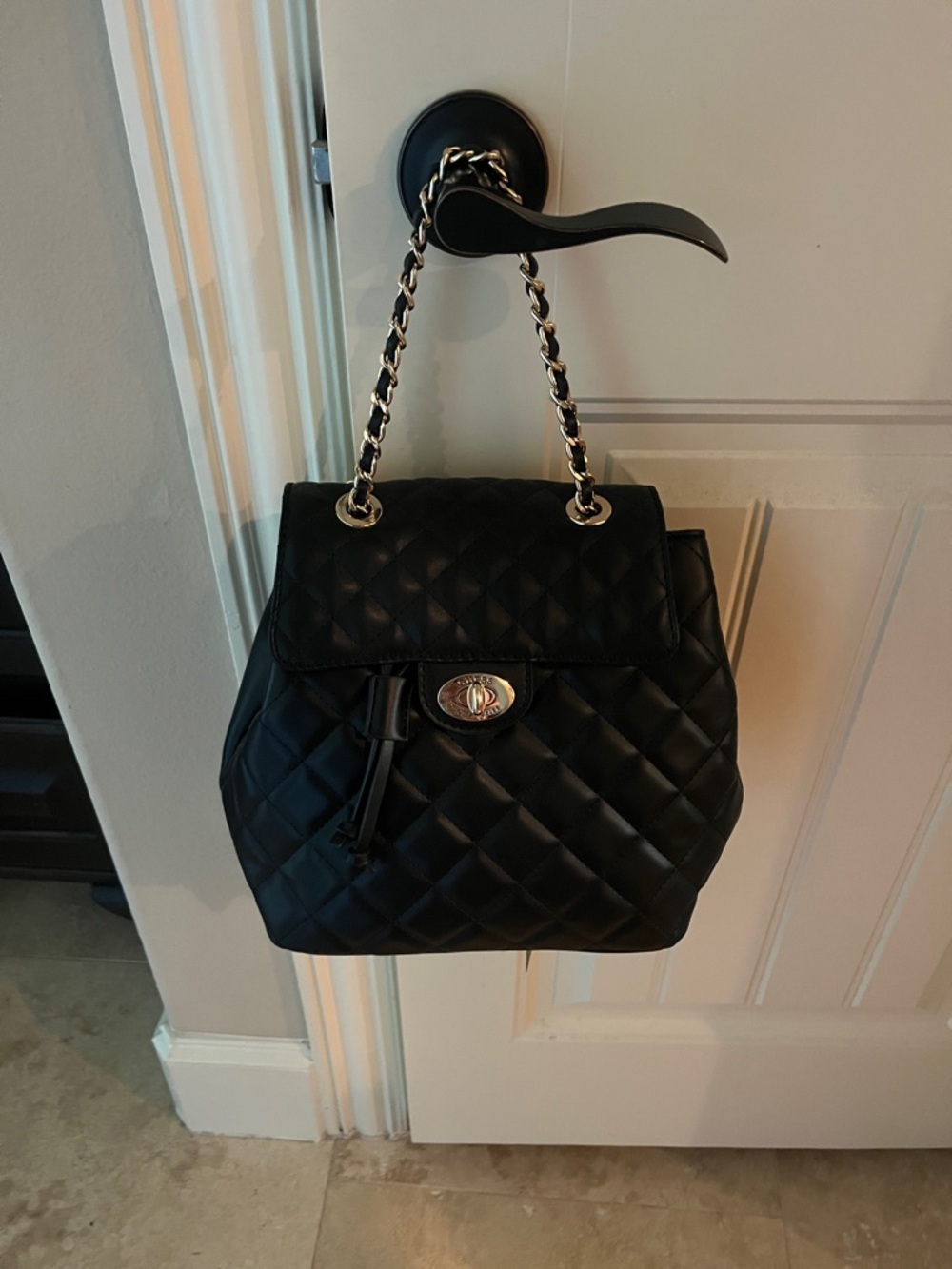 Black Quilted Chain-Handle Backpack Purse
